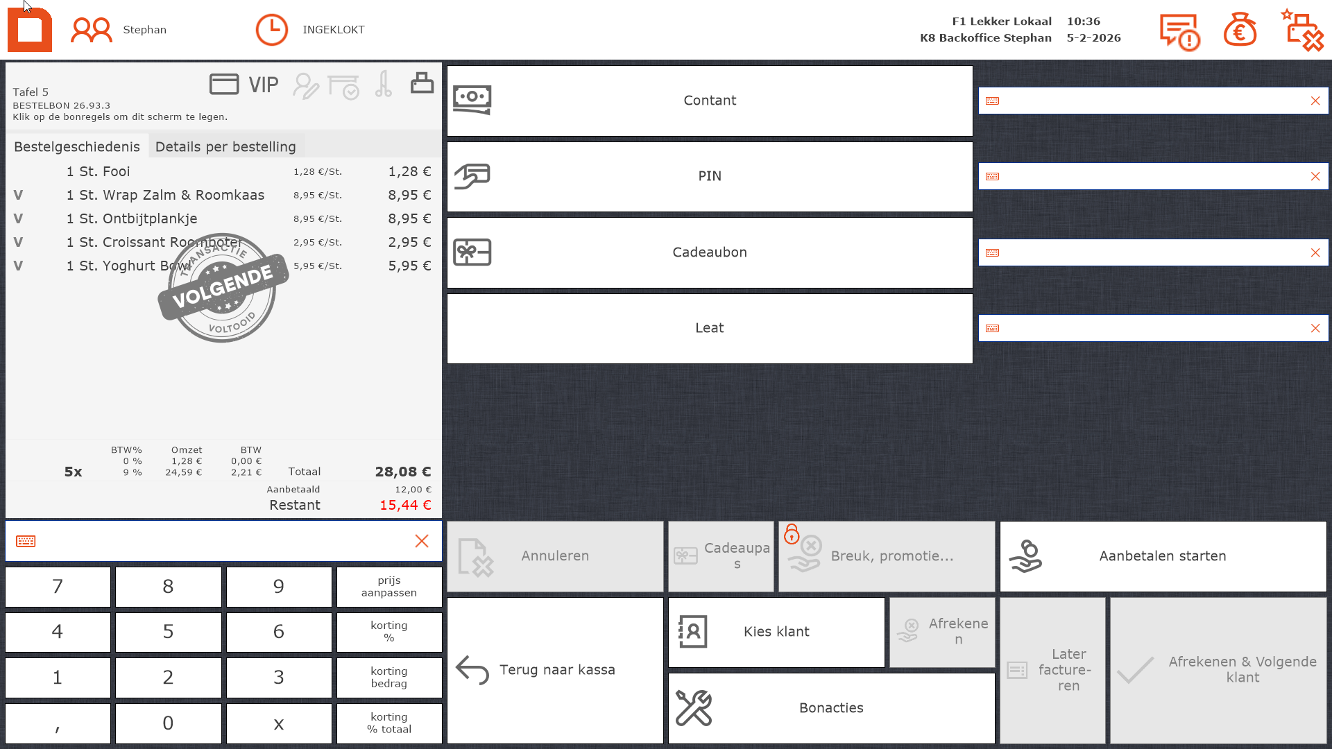 Fooi registreren via deelbetaling in MplusKASSA